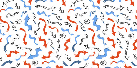 Set of hand drawn arrows in doodle style. Seamless pattern. Vector repeating background with colorful designs.