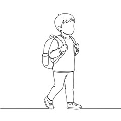 Child holding backpack straps while walking, looking forward, Line Art Vector, Monochromatic. Back to school, new beginnings. For educational content, youth projects