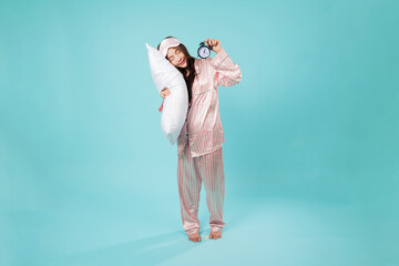 Yawn pajama alarm woman sleep pillow smile ear, positive happy dreaming, near a clock, the girl...