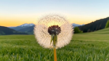 Dandelion Seed Head at Sunset with Mountain Background