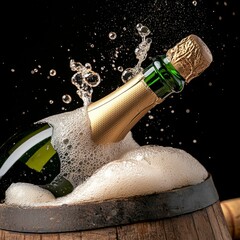 Champagne Explosion Golden Bottle in Dark Wooden Barrel