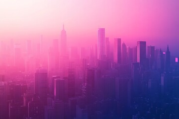 Fototapeta premium Futuristic city skyline with pink and purple gradient mist creating a dreamy cyberpunk atmosphere