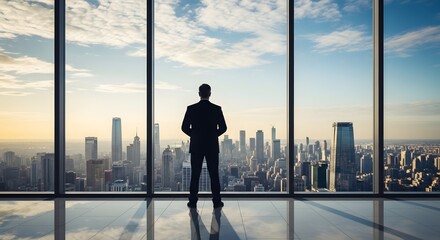 Fototapeta premium A businessman looking out of a large window at a cityscape with skyscrapers and a bright sky visible outside