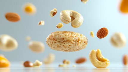 Levitating Assorted Nuts Against Light Gray Background