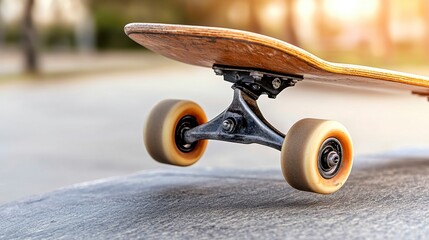 Longboard Close Up Wooden Deck, Black Trucks, Yellow Wheels on Asphalt
