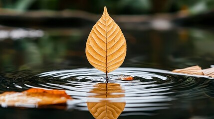 Single Brown Leaf Floating on Dark Water with Ripples