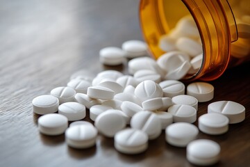 Prescription pills spilling from bottle on wooden table for healthcare and medication concept