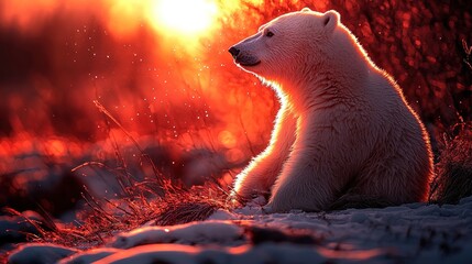 Polar bear sitting in sunset scenery