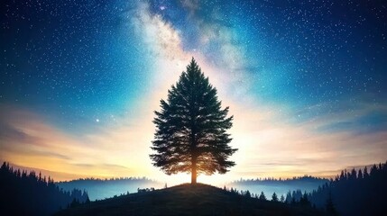 Silhouette of Pine Tree Against Starry Night Sky