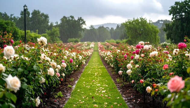 A path through a vibrant rose garden on a rainy day
