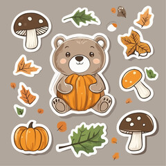 Fototapeta premium Adorable bear cub and autumn forest details in a sticker set, great for nursery printable decor, classroom visuals and learning materials