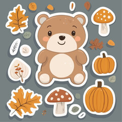 Obraz premium Cute bear cub with pumpkin, leaf and mushroom in a warm autumn sticker set, perfect for printable diy projects, journaling and seasonal kids crafts