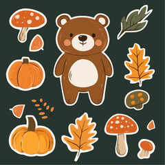 Obraz premium Flat bear cub stickers with forest elements, ideal for seasonal gift tags, product labels and printable autumn packaging