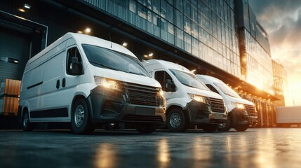 Two White Vans Parked in Front of a Modern Building Showcasing Urban Architecture and Everyday Life