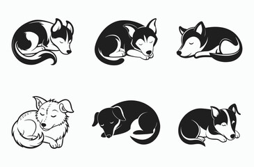 Sleeping dog silhouette set, cute puppy icon, resting pet graphic, dog sleeping black silhouette vector 