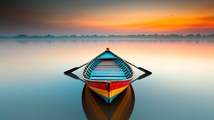 Serene Sunrise Colorful Rowboat on Calm Water