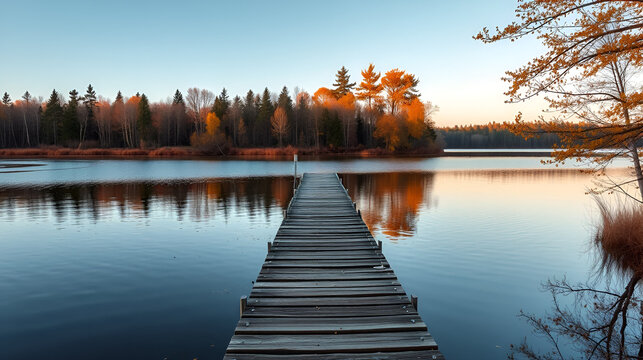 The autumn tamaracks reflect off the calm bog waters from the opposite shoreline of this small boat pier at the High Lake boat launch, near Boulder Junction, Wisconsin in mid-October