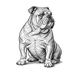 A detailed line drawing of a powerful English Bulldog standing alert.