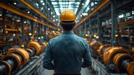 Factory worker in a hard hat leading and motivating a team in an industrial workspace