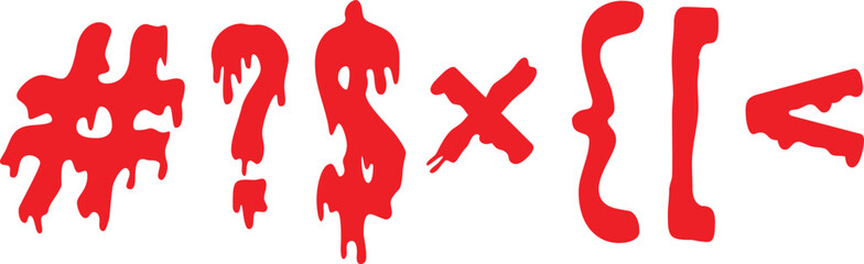 Dripping red horror-style punctuation symbols including hashtag, dollar, question mark, and more, perfect for Halloween, scary themes, grunge designs, and spooky digital graphics.