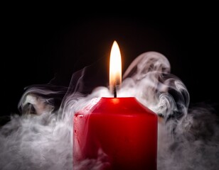 a red candle is lit in front of a cloud of smoke