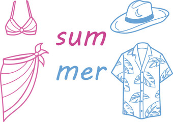 Colorful summer clothing line art featuring a bikini, sarong, beach hat, and Hawaiian shirt with playful 
