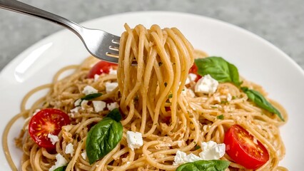 Forkful of Spaghetti with Cherry Tomatoes, Spinach, and Cheese in a White Plate