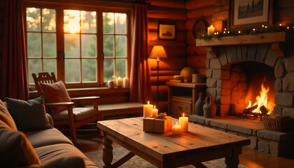 Fototapeta premium Cozy Living Room in a Log Cabin with a Fireplace and Candles