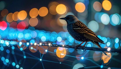 Starling Perched on Wire with Bokeh Lights in the Background