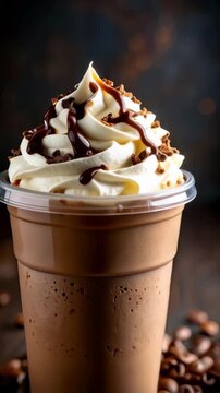 Delicious chocolate frappe drink topped with whipped cream and chocolate drizzle, garnished with coffee beans on dark background