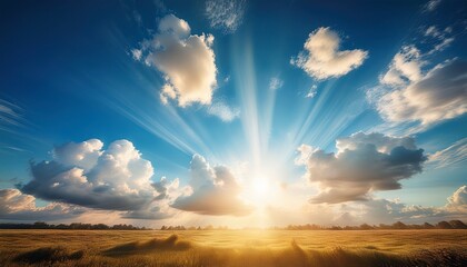 Fototapeta premium sunny day bright blue sky fluffy white clouds sunbeams warmth golden hour