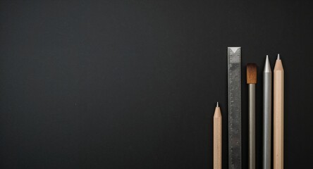 Precision carpentry square tools and gauges laid on plain black background