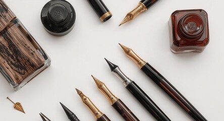 Elegant calligraphy pens nibs and vintage ink bottles on plain white background