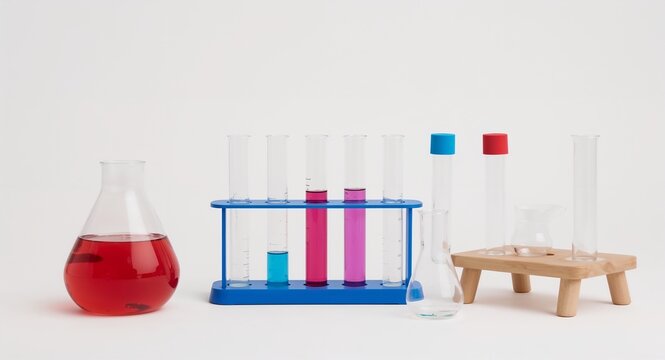 Childrens science lab play kit with test tubes on plain white background