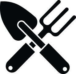Black silhouette of crossed garden trowel and fork