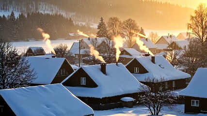 Winter Village Sunrise: Snowy rooftops and cozy homes in the golden morning light landscape - Powered by Adobe