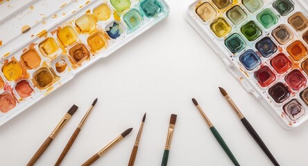 Bright watercolor palettes and brushes cleaned on plain white background