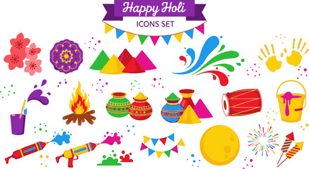 Happy Holi icon set with celebration elements