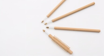 Eco friendly reusable straws and cleaning brushes on plain white background
