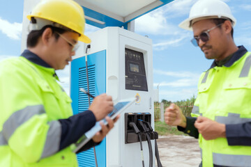 Workers conduct maintenance at an electric vehicle charging station in bright daylight