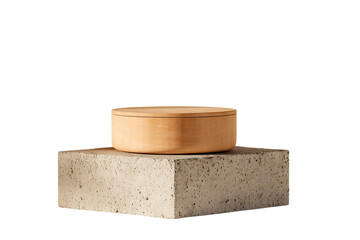 A round wooden box with a lid sits atop a concrete cube, isolated on a transparent background, showcasing minimalist design