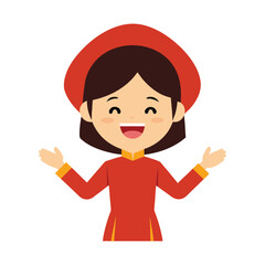 Cartoon Vietnamese girl in Ao Dai with joyful expression
