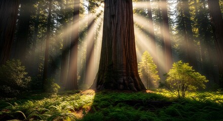 Obraz premium Majestic Giant Redwood Tree Bathed in Golden Sunbeams, Illuminating a Lush Forest Floor