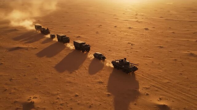 Drone Footage of Desert Military Convoy in Motion