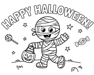 Fun Halloween coloring book page featuring spooky and cute characters for children's creative activities