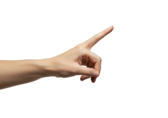 A clean, well-manicured caucasian hand with an extended index finger pressing an invisible screen, isolated on a transparent background with copy space, bright soft even lighting, no shadows, concept