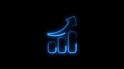 Glowing neon style growth chart icon with upward arrow on black background
