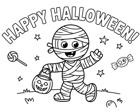 Fun Halloween coloring book page featuring spooky and cute characters for children's creative activities