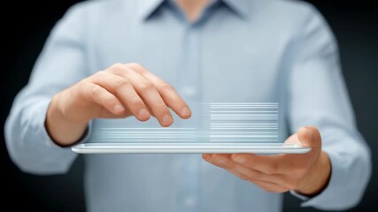 Robo-advisor and financial inclusion, A person interacts with digital files or data on a transparent tablet interface, symbolizing modern technology and information access. - Powered by Adobe