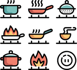 Cooking pots pans and flames on stove icons vector